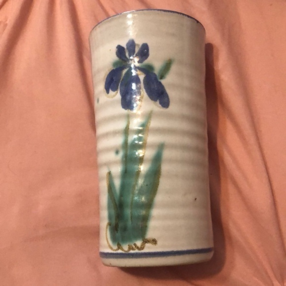 Pottery vase blue iris‎ painted on the front